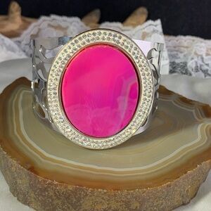 PINK AGATE STONE CLEAR RHINESTONE CUFF BRACELET FLEXIBLE